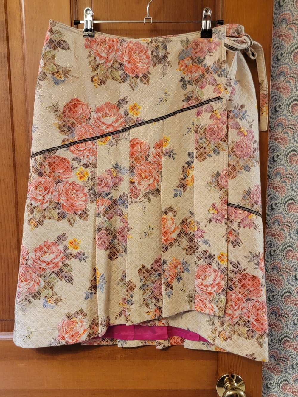 Vintage Oilily Floral Pleated Lined Wrap Skirt Tan Pink EU 38 US 8 Y2K Hungary